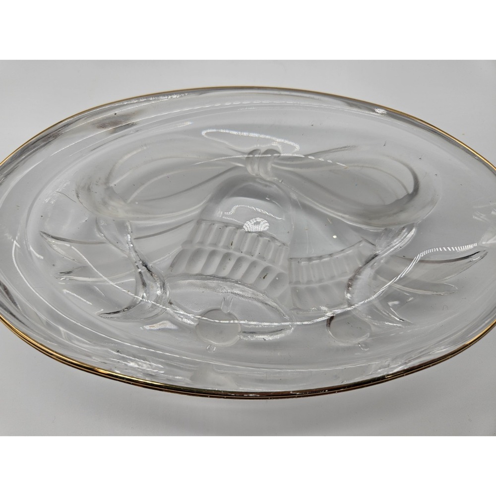 Mikasa Studio Nova Oval Glass Dish Gold Gilt Rim Bells And Ribbons Design 7" - Picture 3 of 11